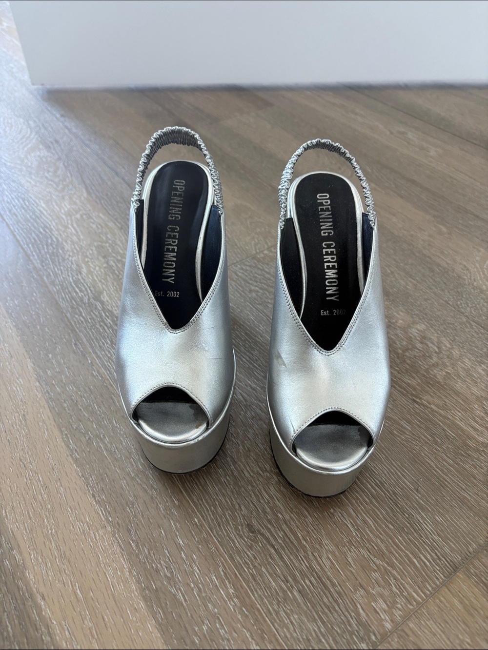 Opening Ceremony Metallic Silver Peep-Toe Platform Slingback Heels